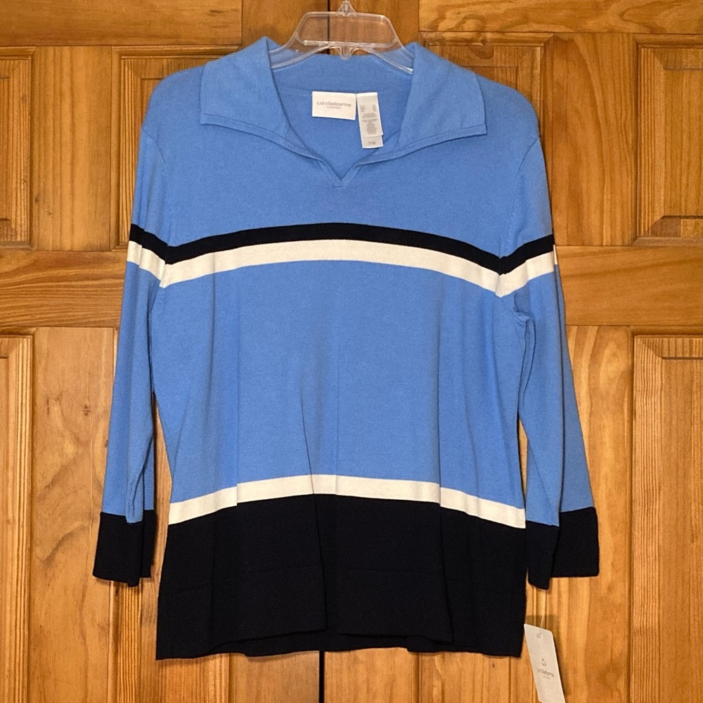 NWT Liz Claiborne Lizsport Vintage 90s Top 3/4 Sleeve Blouse Blue White Size XL